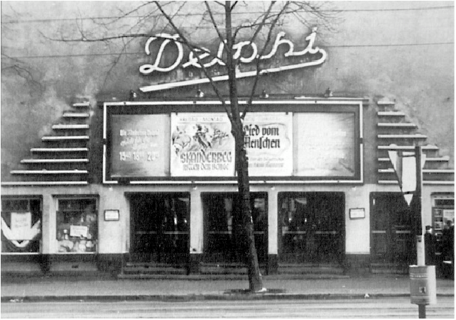 The façade of the Stummfilmkino Delphi in 1955. The theater still exists, but sadly the signage does not. Photo: Deastar via Wikimedia Commons